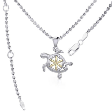 Swimming Turtle with Flower of Life Shell Silver and Gold Accent Pendant and Chain Set MSE973 - Jewelry